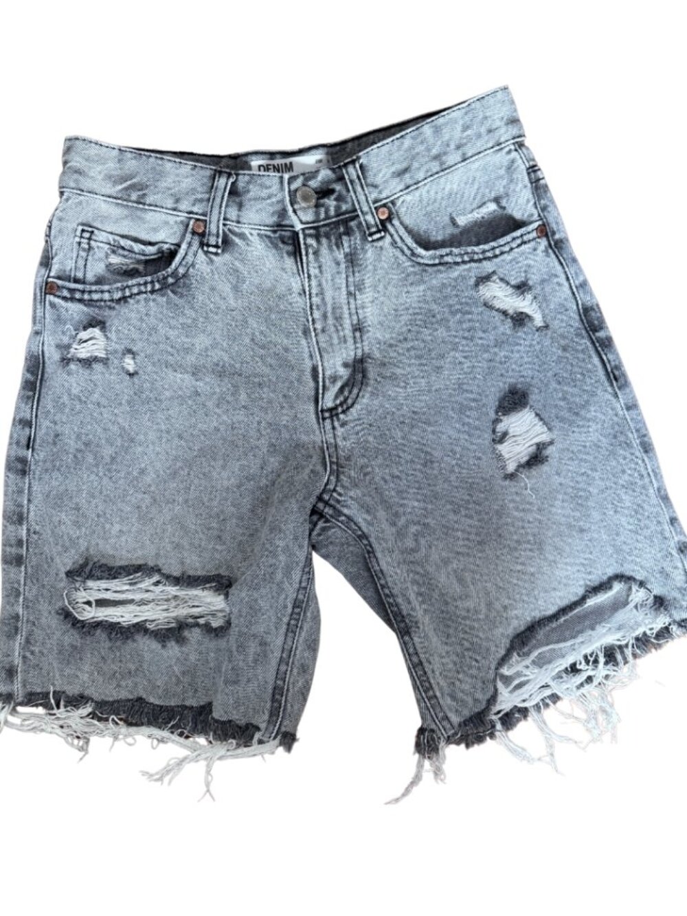 Bershka grey acid-wash distressed bermuda jean shorts size 34/S